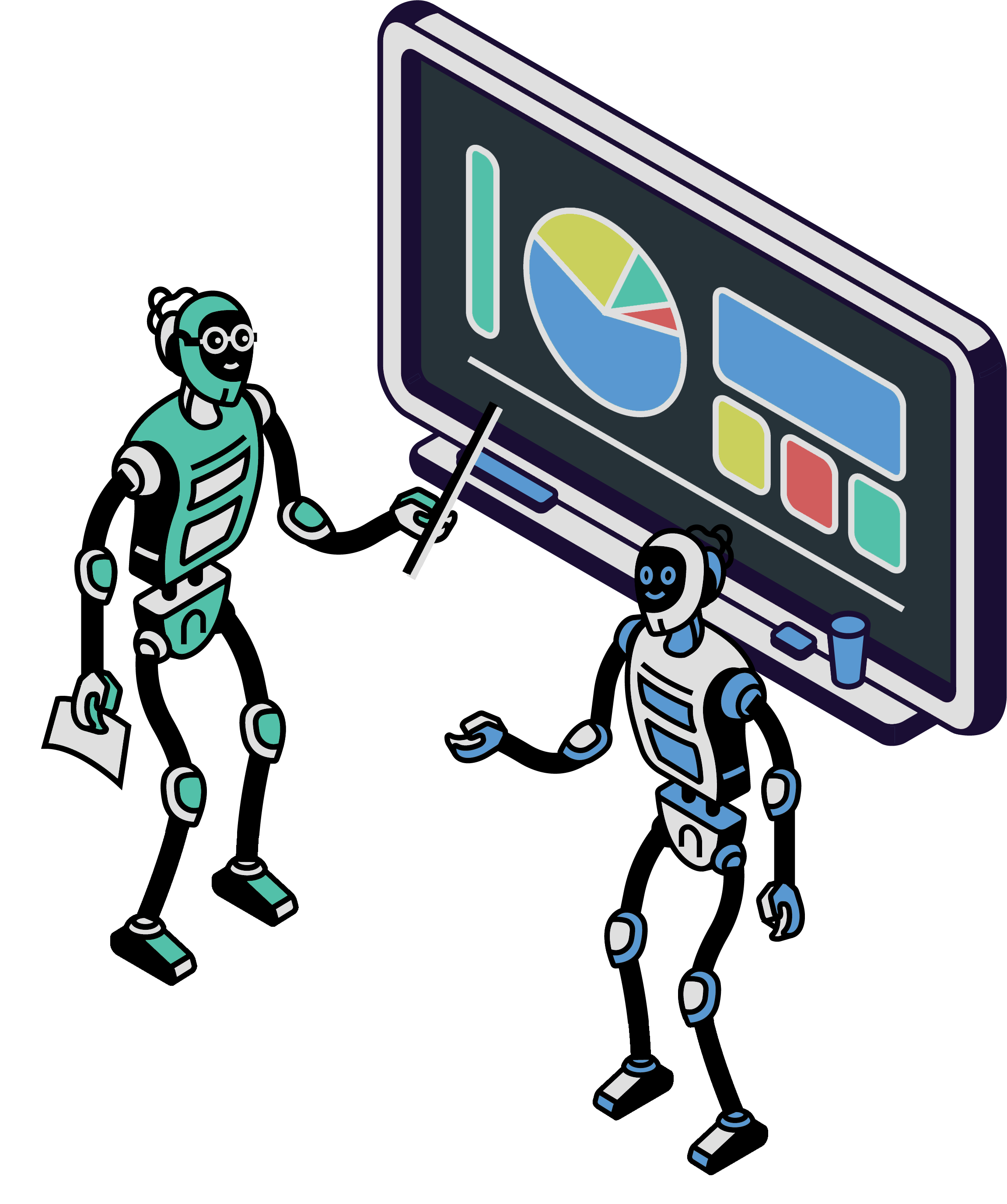 Η εικόνα παρουσιάζει δύο ρομπότ, ένα γαλάζιο και ένα πράσινο, να επικοινωνούν και να δείχνουν ορισμένα
        στατιστικά στοιχεία σε έναν πίνακα, ο οποίος πίνακας έχει το σχήμα κινητού τηλεφώνου.