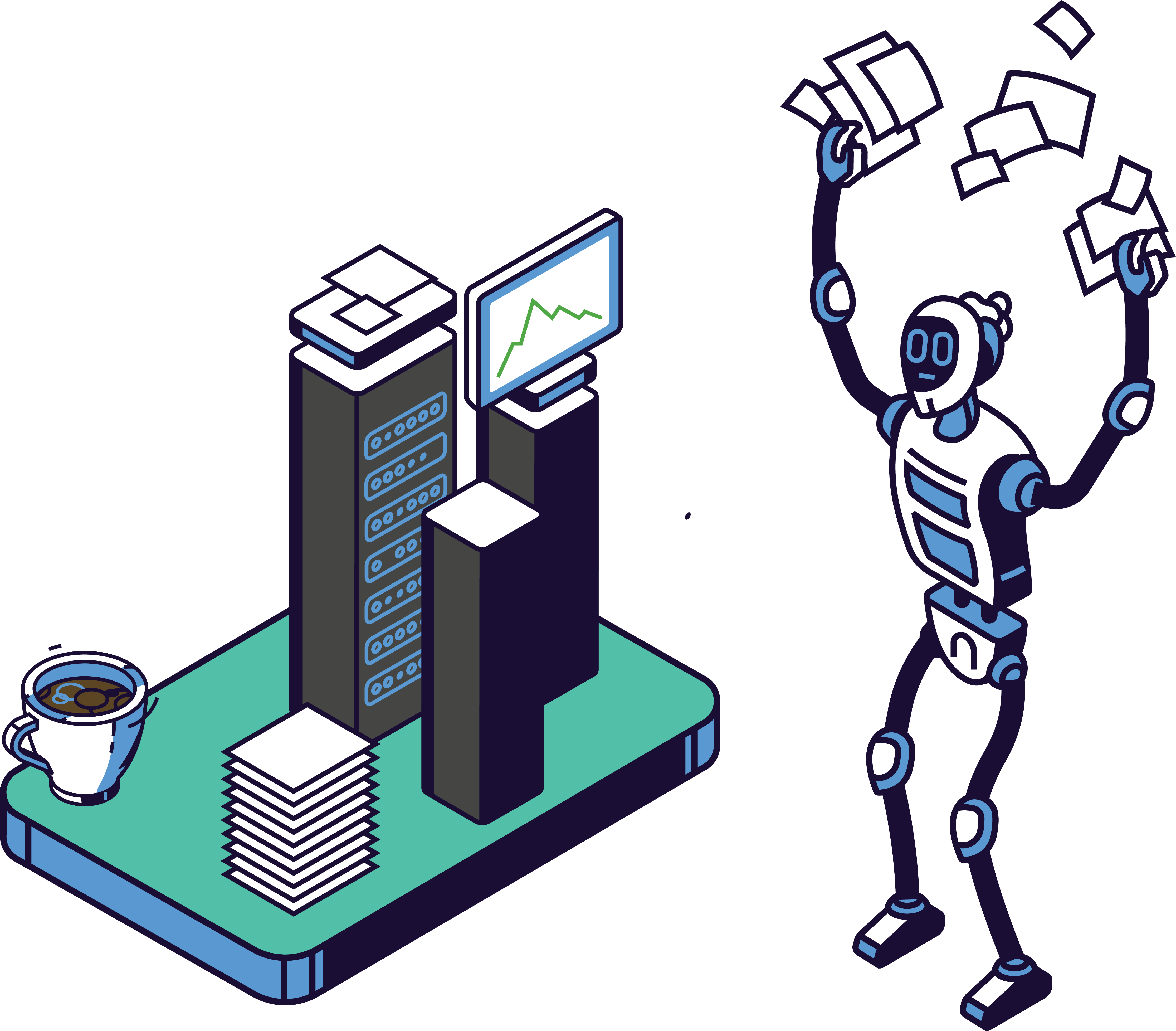 Η εικόνα παρουσιάζει ένα ρομποτάκι να κρατάει στα χέρια του χαρτιά τα οποία πετάει στον αέρα. 
            Δίπλα του υπάρχουν κάποια ράφια με πράγματα όπως ράφια και συρτάρια, όπου τα πράγματα είναι τακτοποιημένα, καθώς και ένας τακτοποιημένος σωρός από κόλλες Α4.