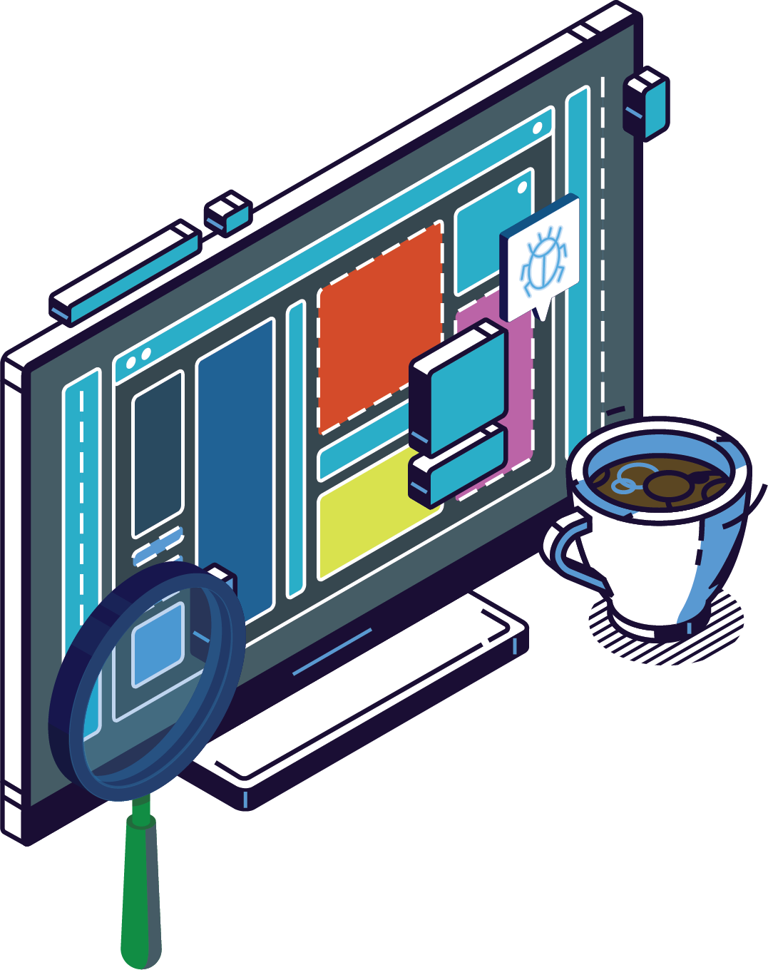 Η εικόνα δείχνει ένα σταθερό υπολογιστή με ορισμένα τετράγωνα μέσα, που προσομοιάζουν κατασκευαστικά 
          τετράγωνα. Επιπλέον φαίνεται και ένα φλιτζάνι με καφέ.