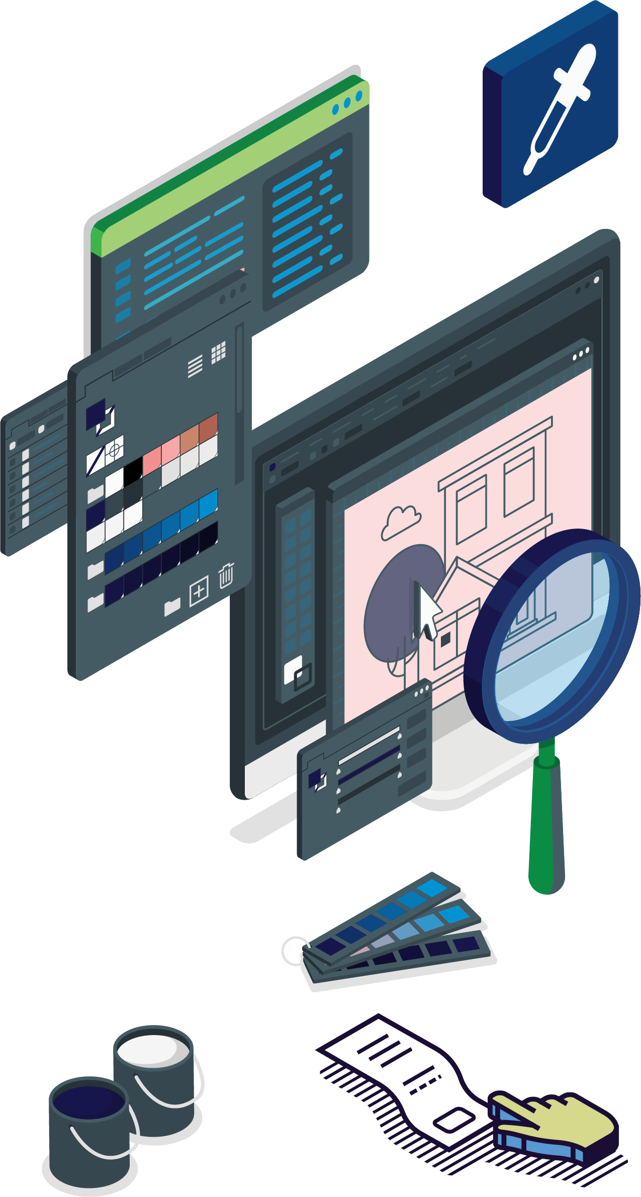 Η εικόνα παρουσιάζει με εικαστικό τρόπο ορισμένα στοιχεία σχετικά με την κατασκευή εφαρμογών, όπως 
          έναν σταθερό υπολογιστή στον οποίο υποτίθεται ότι σχεδιάζεται ένα σπίτι, κάποιες μπογιές (όπως αυτές φαίνονται σε εργαλεία σχεδίασης), ένας κέρσορας και 
          ένας μεγενθυντικός φακός.