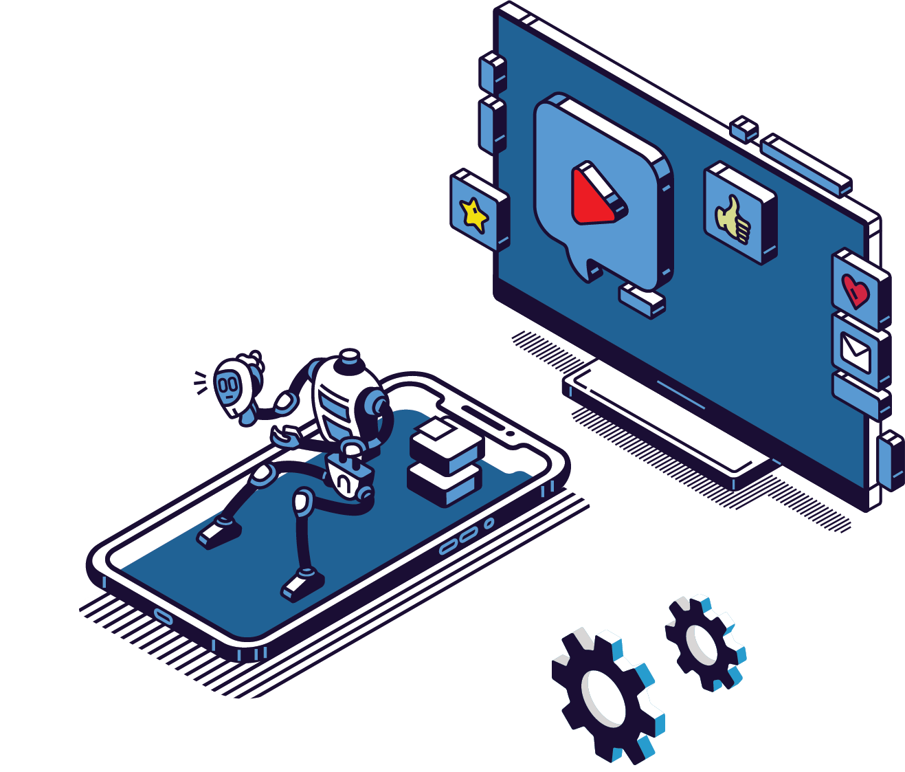 Η εικόνα παρουσιάζει ένα ρομπότ που κάθεται σε ένα κινητό τηλέφωνο και μιλάει. Η ιδιαιτερότητα του 
          ρομπότ είναι ότι το κεφάλι του βρίσκεται εκτός σώματος, στα χέρια του. Πίσω φαίνεται ένας σταθερός υπολογιστής, στο ίδιο χρώμα με το κινητό, υποδηλώνοντας 
          τη σύνδεση του κινητού με το σταθερό υπολογιστή.