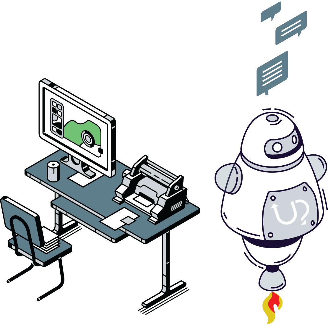 Η εικόνα παρουσιάζει ένα ρομπότ που μιλάει, δίπλα από ένα γραφείο με έναν